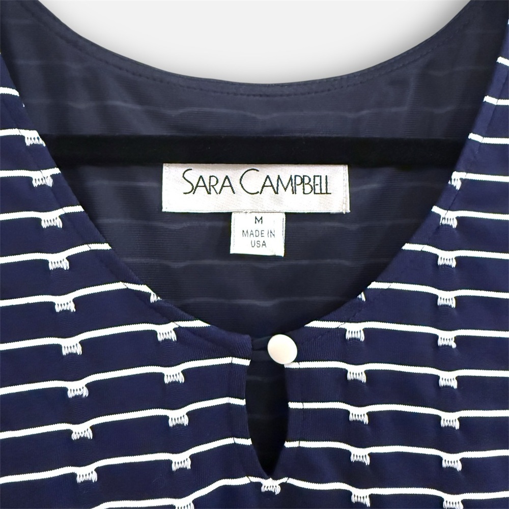 Sara Campbell Navy Stripe Shift Dress Tassel Fringe Hem Fully Lined Stretch M - Picture 11 of 13